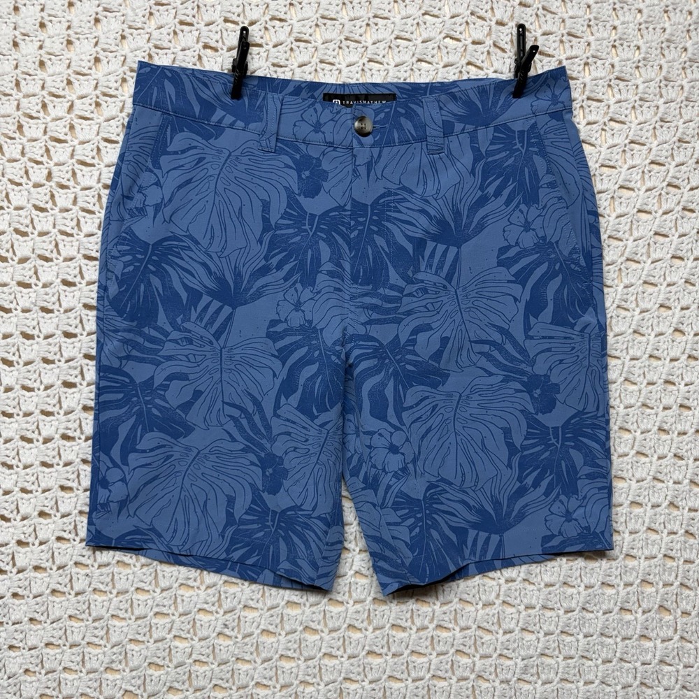 Travis Mathew Golf Shorts Mens Size 32 Blue leaves Stretch Performance Pockets